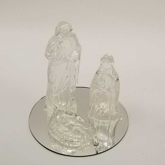 Vintage 80s Glass Nativity Mirrored Base Christmas Holiday 4 Piece Figurines Set - Picture 3 of 10
